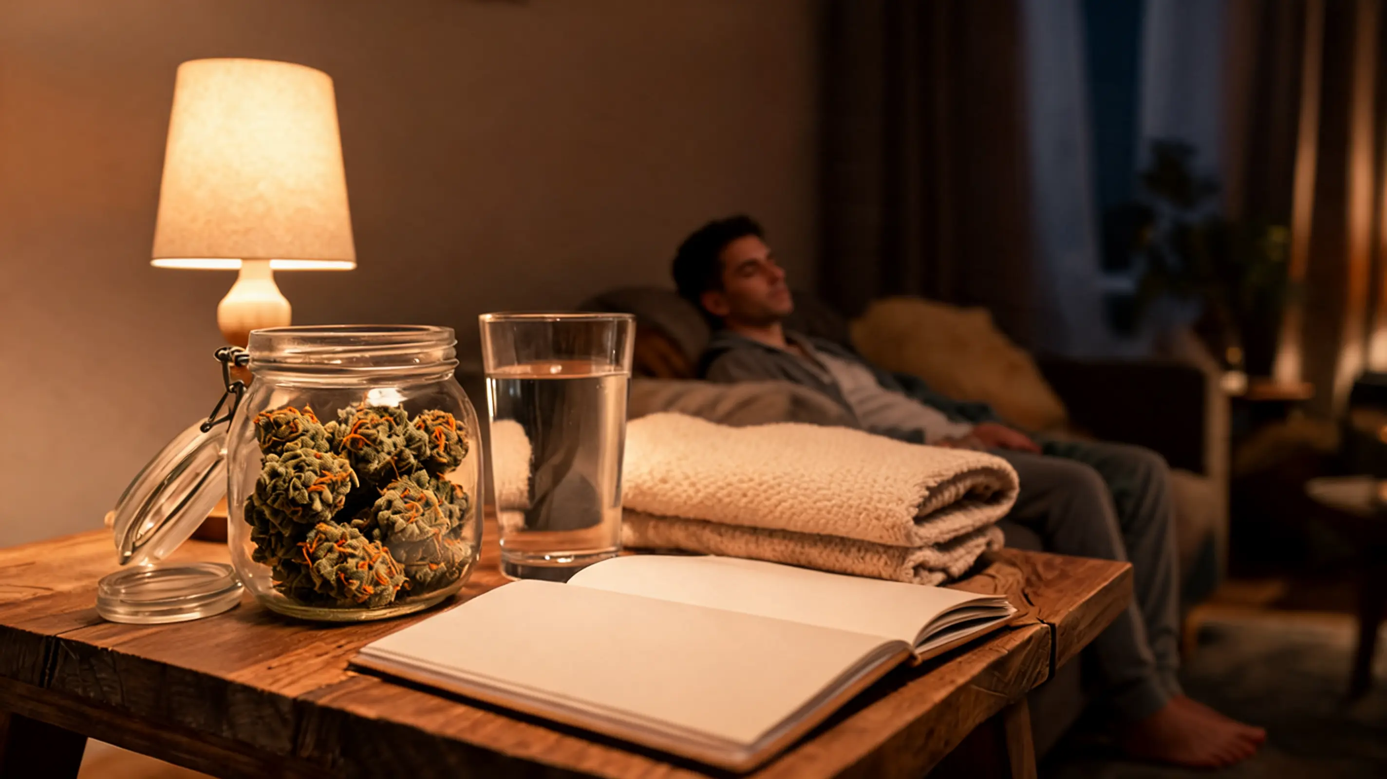 skywalker og effects shown on a man with buds water blanket and warm evening light in a calm room