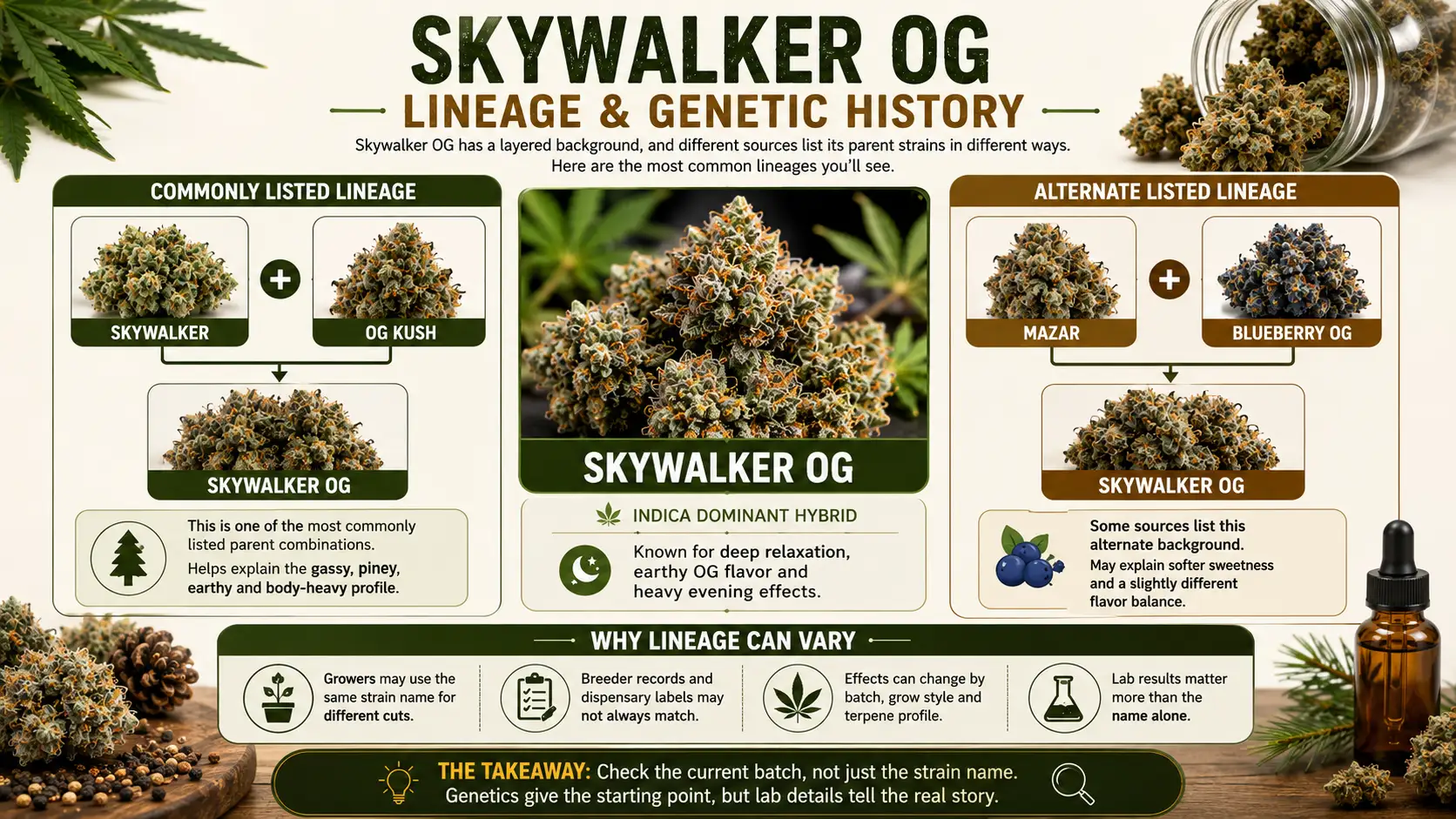 skywalker og lineage infographic showing common and alternate parent strains with genetic history flow