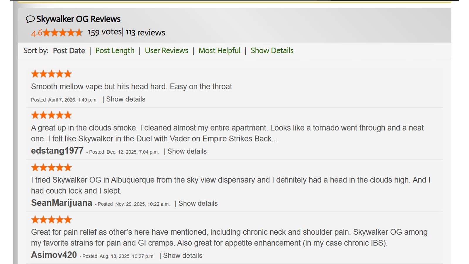 skywalker og reviews page showing star ratings and customer comments about effects
