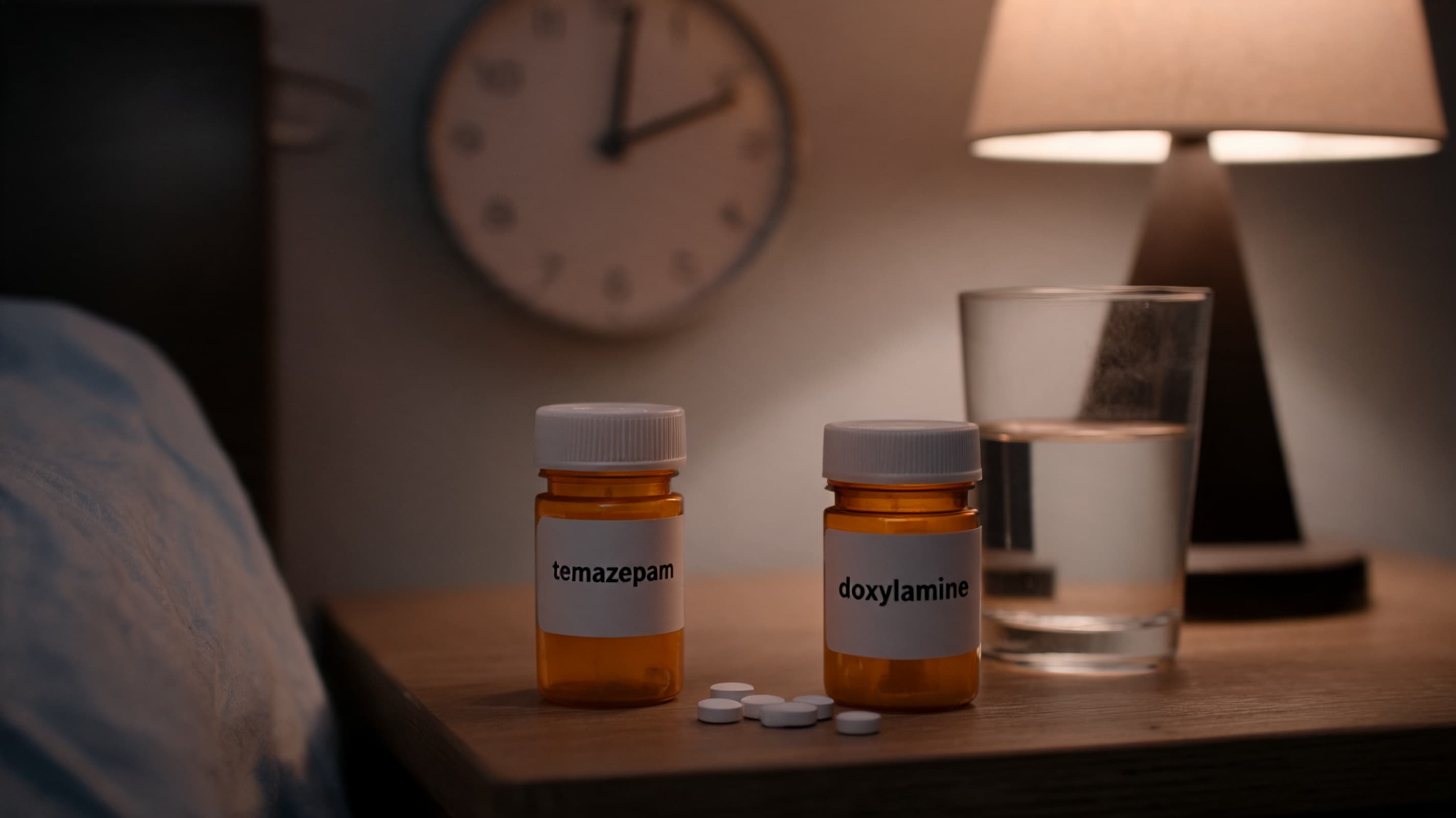 sleep medicine bottles labeled temazepam and doxylamine on a bedside table with water and lamp
