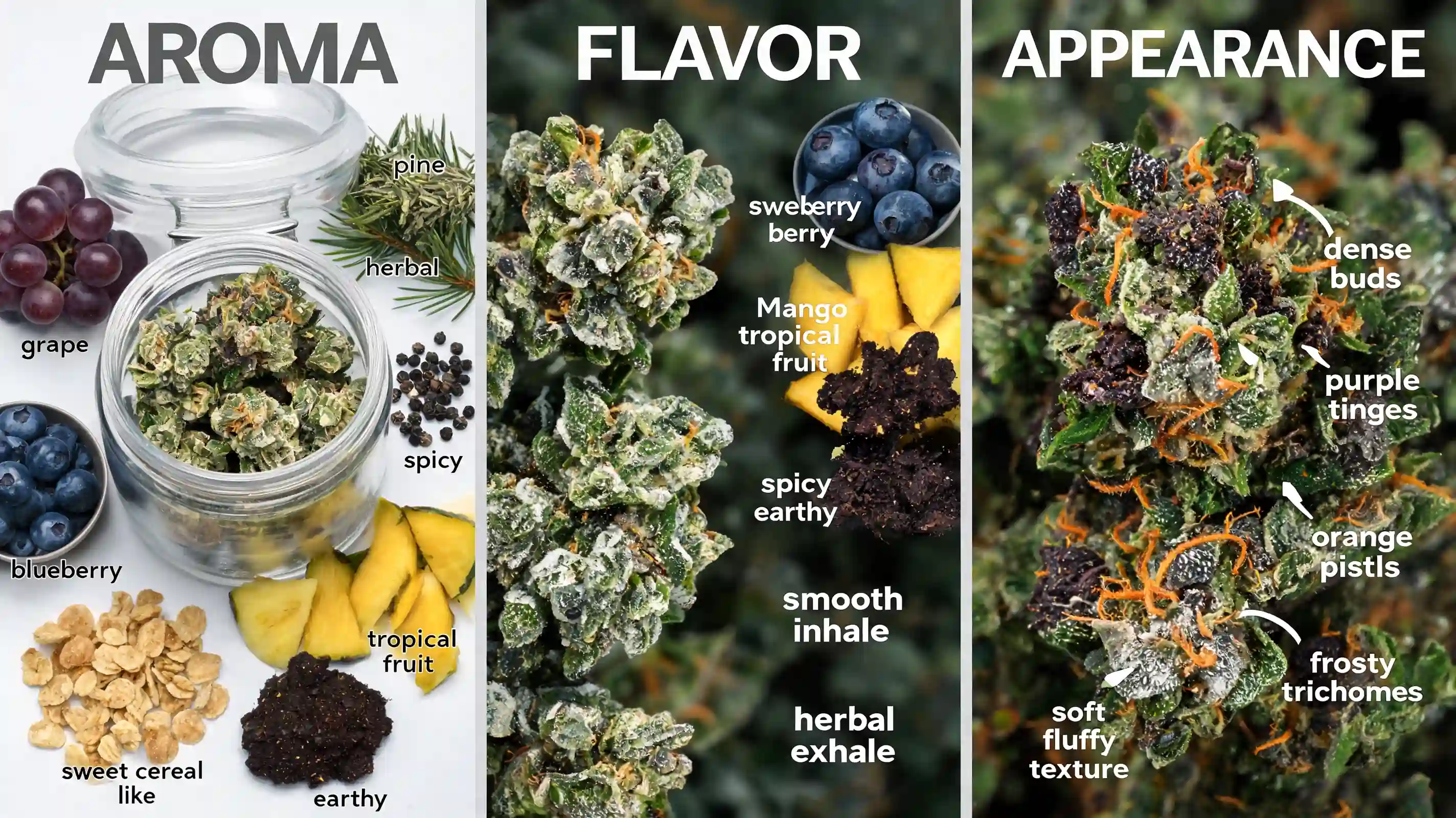 slurricane flavor aroma and appearance infographic with berry spice and frosty buds