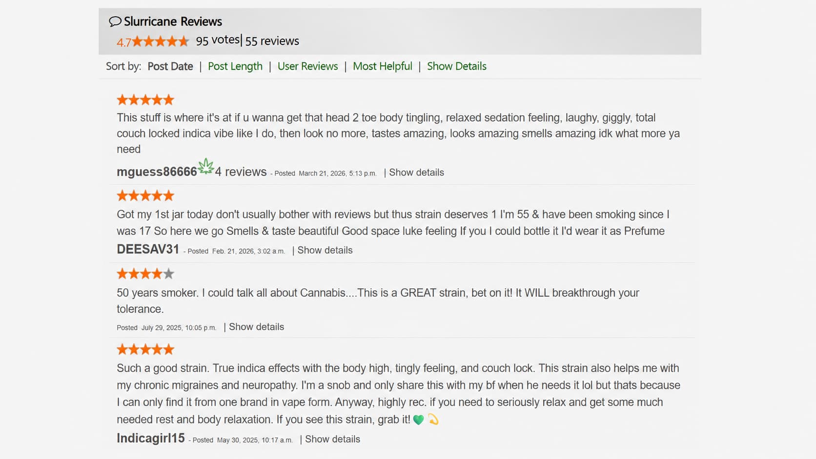 slurricane reviews page showing star ratings and user comments