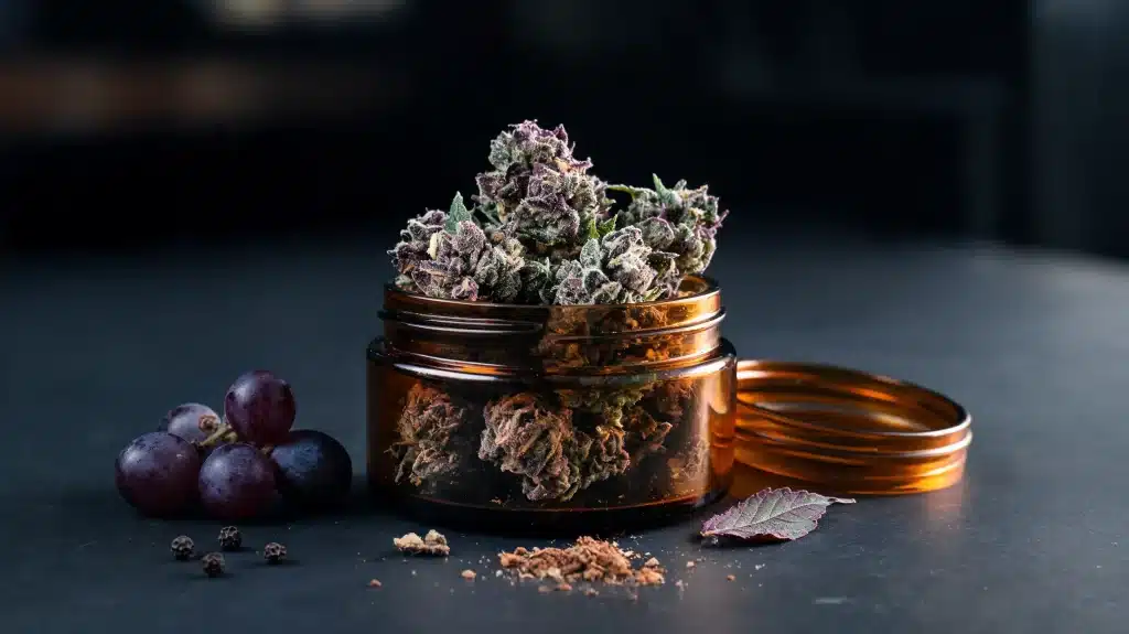 slurricane strain buds in a glass jar with purple tones and frosty trichomes (1)