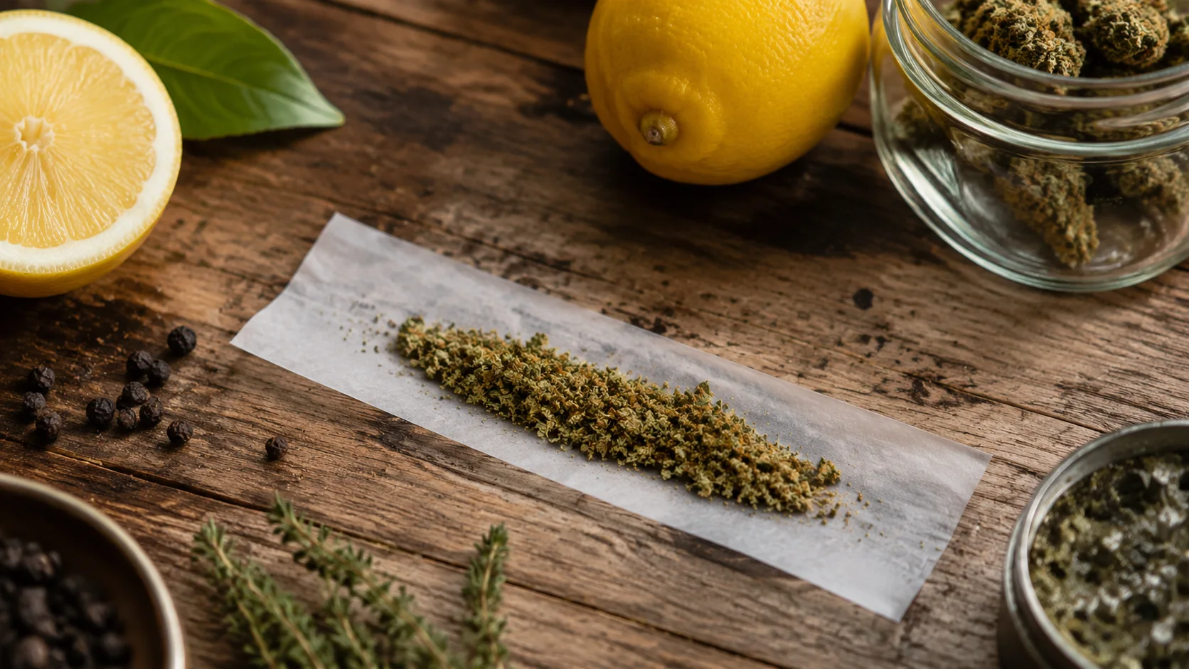 small gelonade cannabis buds on rolling paper, surrounded by lemons, herbs, and spices on a rustic wooden table surface