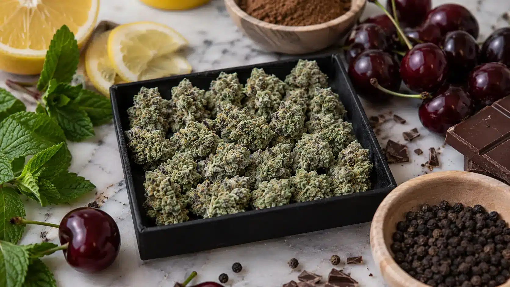small gsc weed buds sit in a black box with mint, lemon, cherries, chocolate, and pepper around them