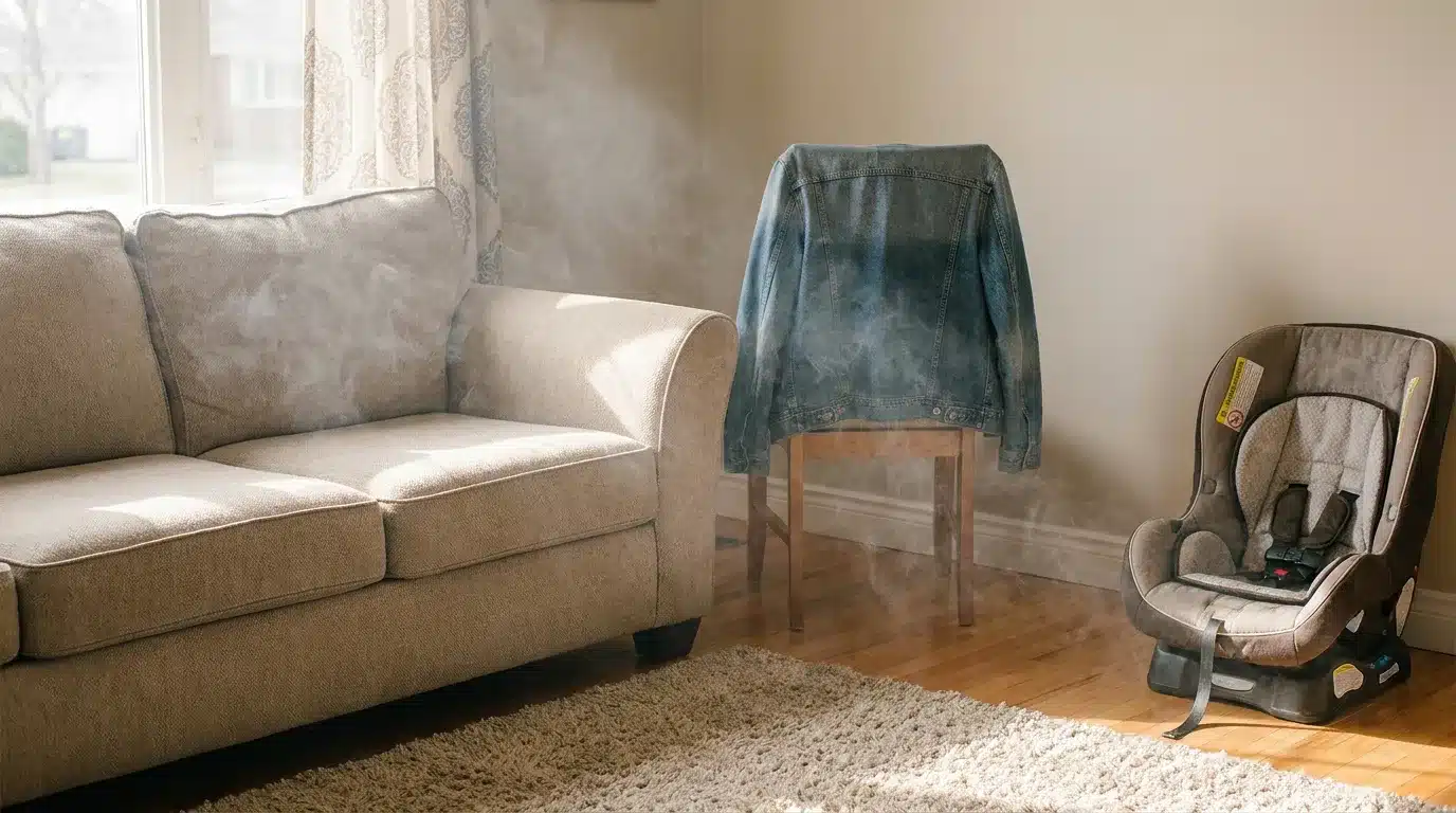 smoke particles settling into clothes, hair, curtains, car seats, and furniture after marijuana use indoors