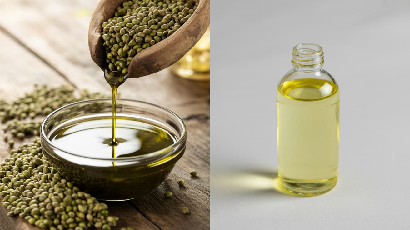 split image comparing cold pressed dark green hemp seed oil on left and refined pale yellow hemp oil on right