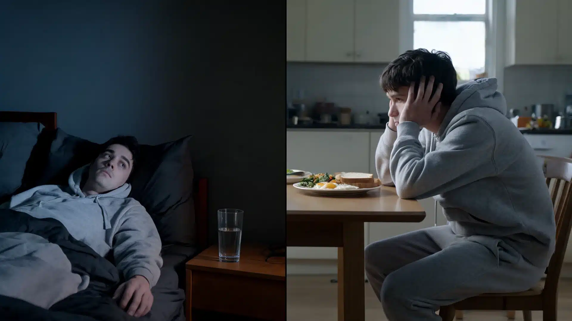split image of a young man lying awake in dark bedroom and sitting distressed before untouched meal in kitchen