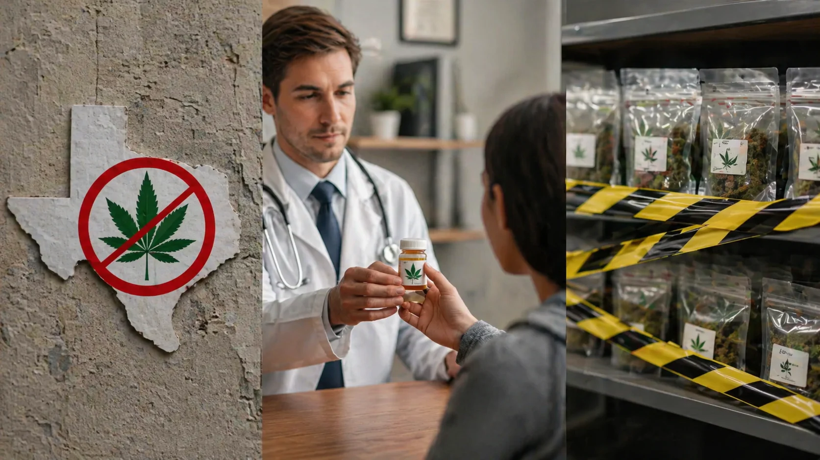 texas no marijuana sign next to a doctor handing cannabis medicine to a patient and dispensary shelves