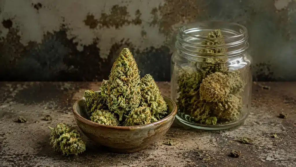 the image shows cannabis buds in a bowl, with more in a jar, set against a rustic textured background