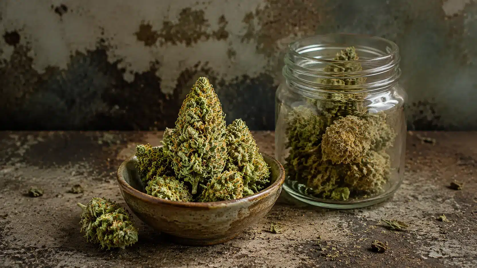 the image shows cannabis buds in a bowl, with more in a jar, set against a rustic textured background