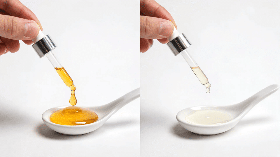 thick cbd oil and thin cbd tincture liquid shown on white spoons