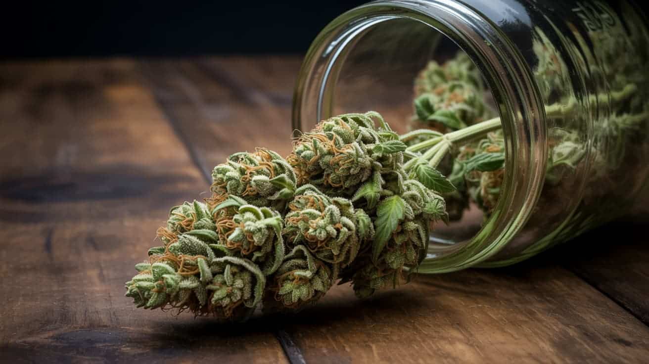 thick dense cannabis buds overflowing from jar on table with strong lighting and rich detail