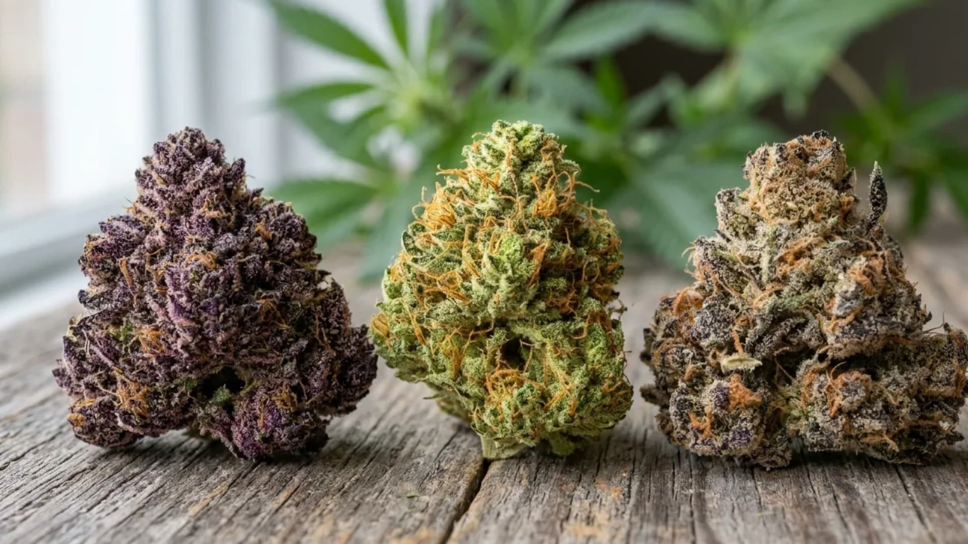 three cannabis buds side by side showing Cherry Pie, GSC, and GDP strains with green, purple tones, and frosty trichomes in detail (1)