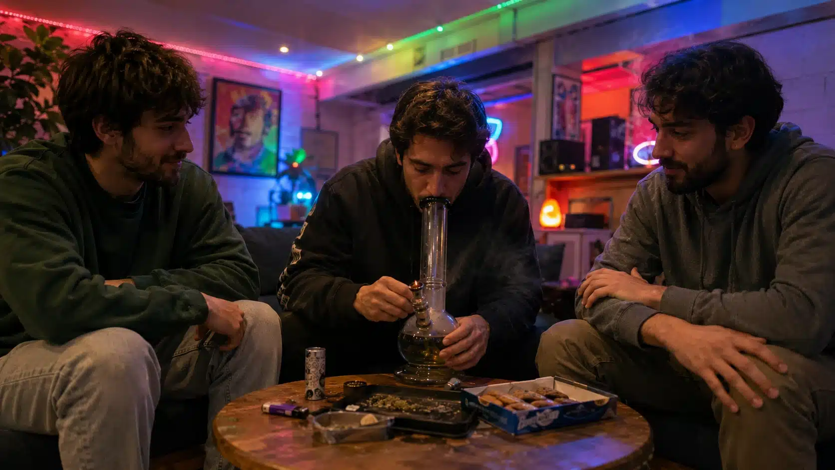 three friends in a colorful basement game room, smoking through a bong beside cookies, buds, and glowing led lights