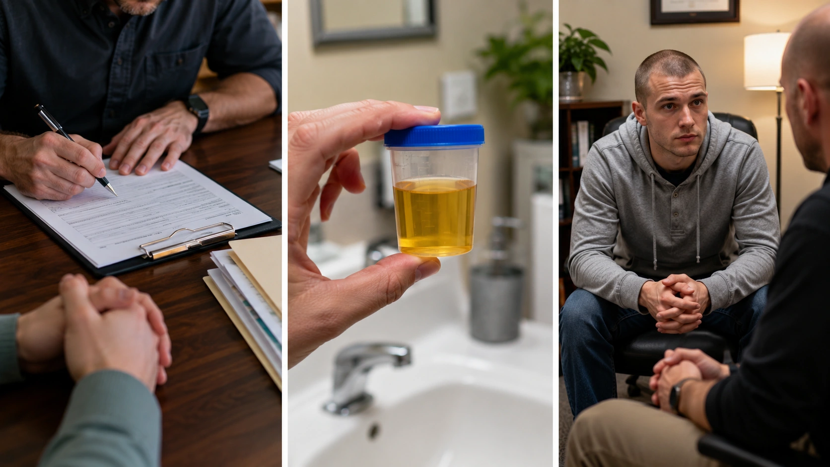 three-panel image showing paperwork, urine sample, and counseling to explain how to pass a drug test during probation
