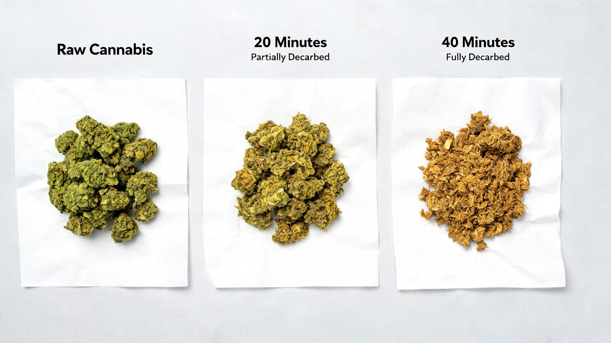 how to decarb weed visual guide showing raw partly decarbed and fully decarbed cannabis on parchment paper