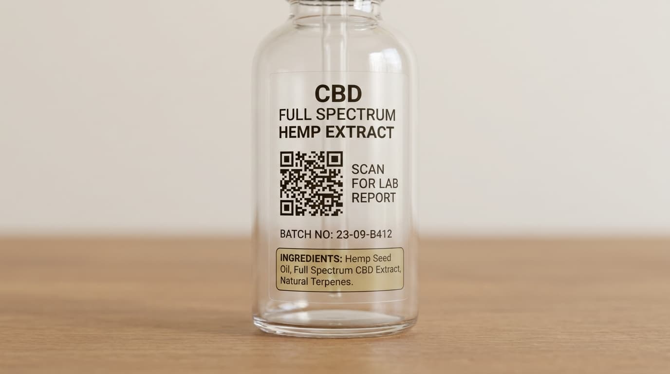 transparent cbd label showing lab report qr code and batch details