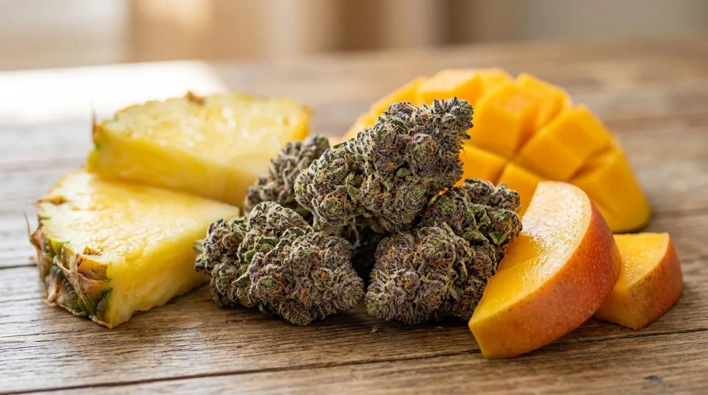 Tropical Zkittlez cannabis buds with pineapple and mango slices, showing a tropical flavor profile on a wooden surface