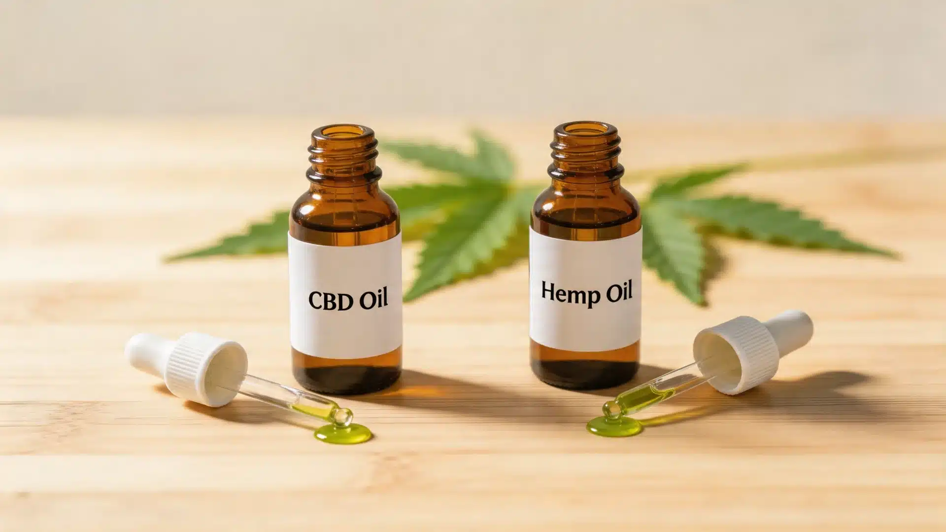 two dropper bottles labeled cbd oil and hemp oil with droppers resting beside them, and a cannabis leaf in background