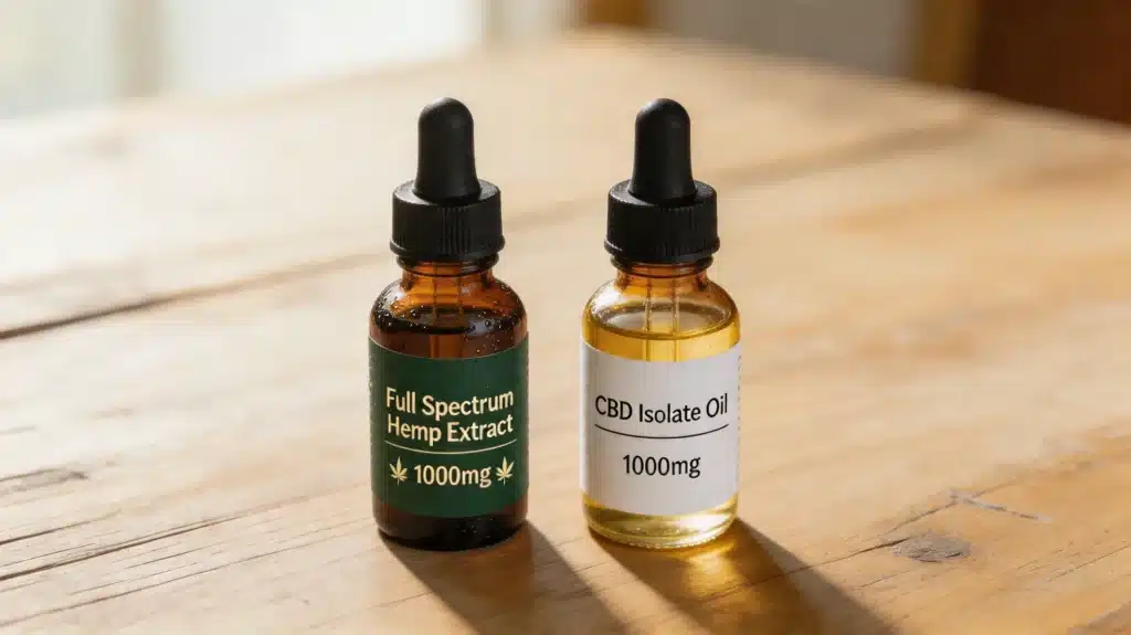 two dropper bottles side by side on a wooden surface, full spectrum hemp extract and cbd isolate oil