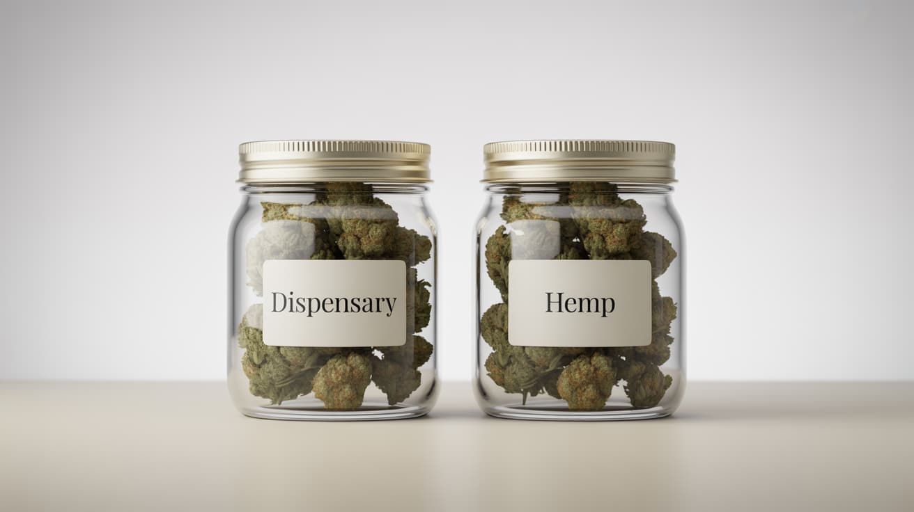two glass jars of cannabis buds labeled dispensary and hemp on a white surface
