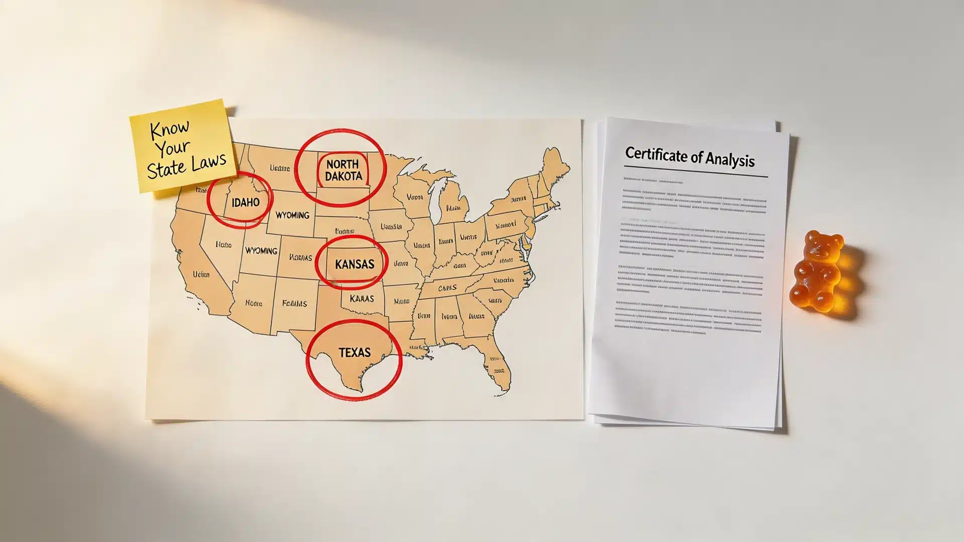 us map with idaho, north dakota, kansas, and texas circled in red beside a certificate of analysis and delta-9 gummy
