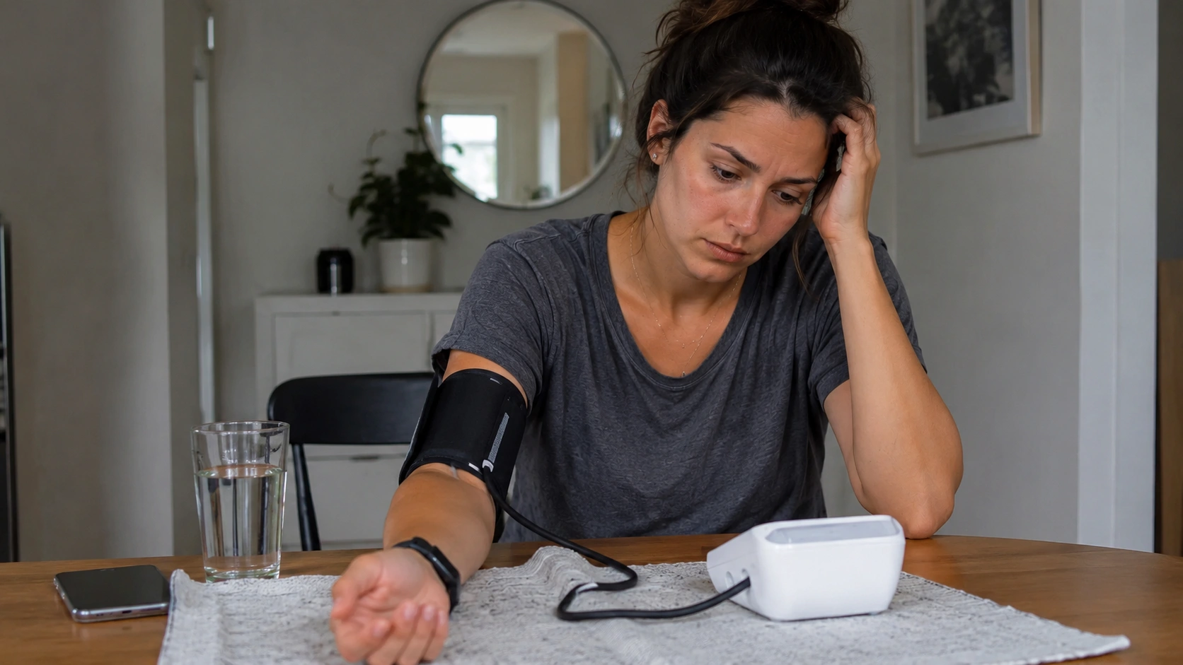 woman checking blood pressure at home, showing phentermine side effects in females linked to long-term heart concerns