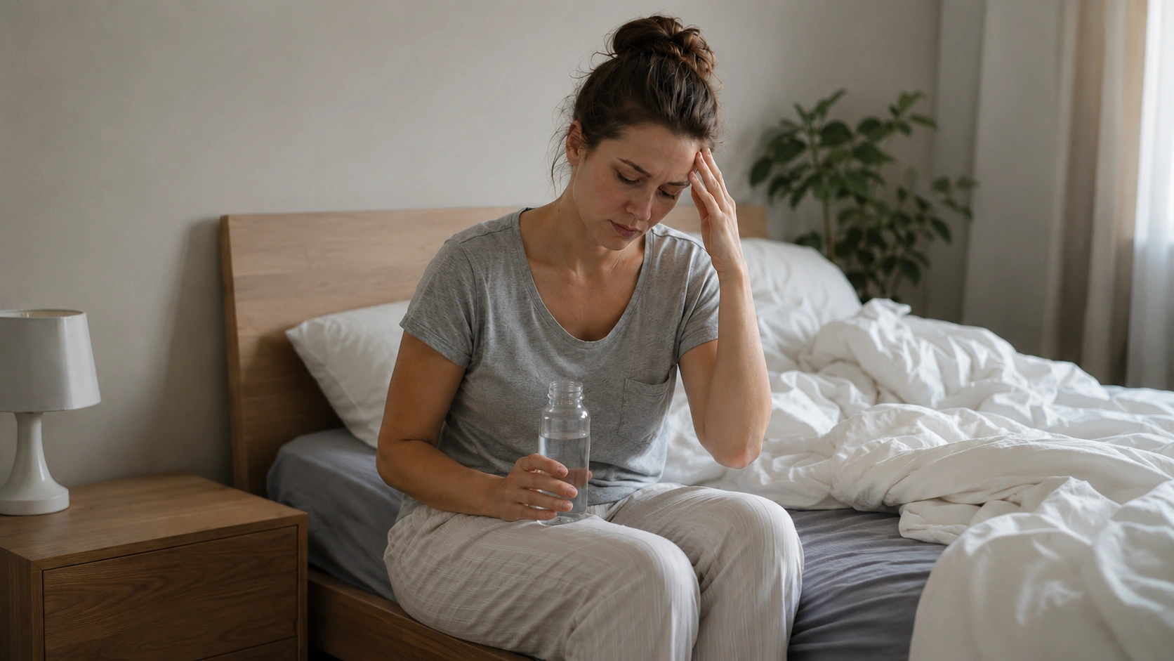 woman sitting on bed with water and headache, showing phentermine side effects in females like dizziness, dry mouth etc