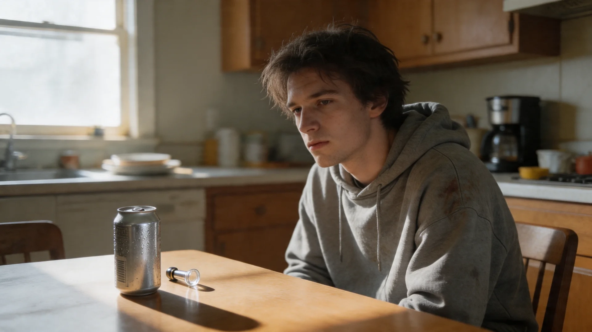 young man sitting alone at kitchen table looking vacant, beer can and pipe on table in morning light
