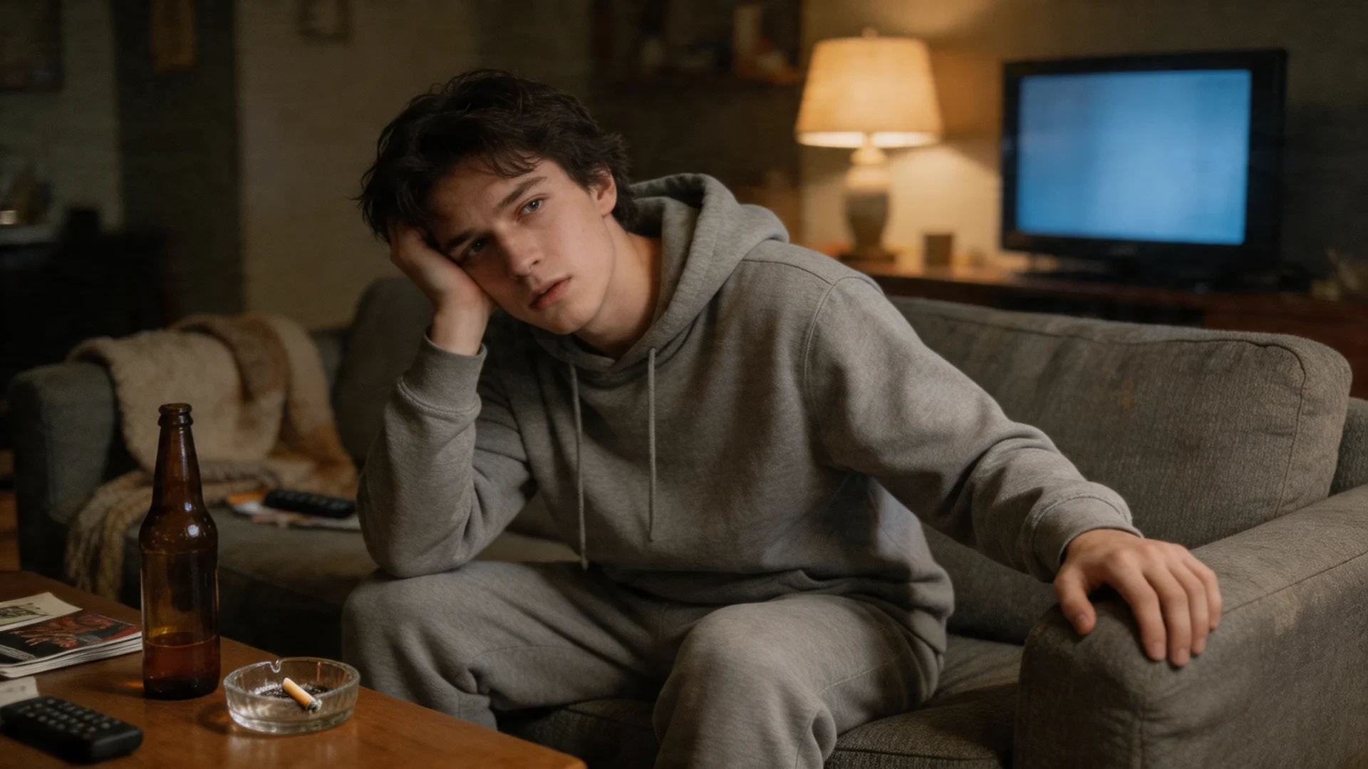 young man sitting slouched on couch looking disoriented, beer bottle and ashtray on coffee table in dim apartment