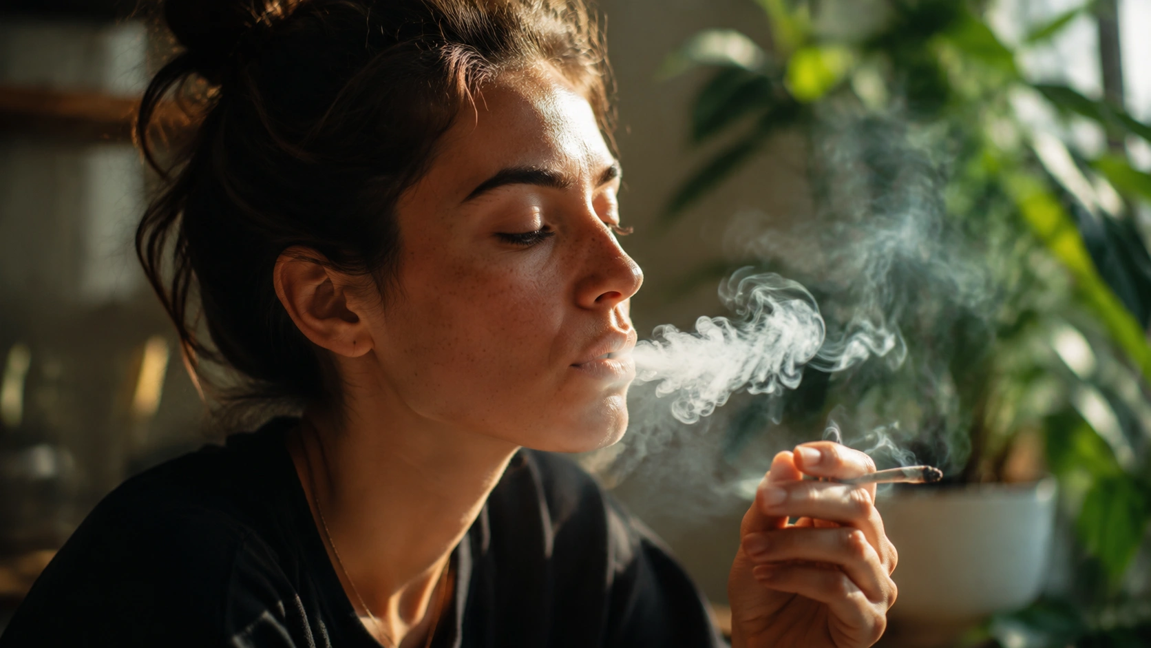 young woman smoking cannabis indoors, exhaling a soft cloud of smoke, with natural light and green plant background