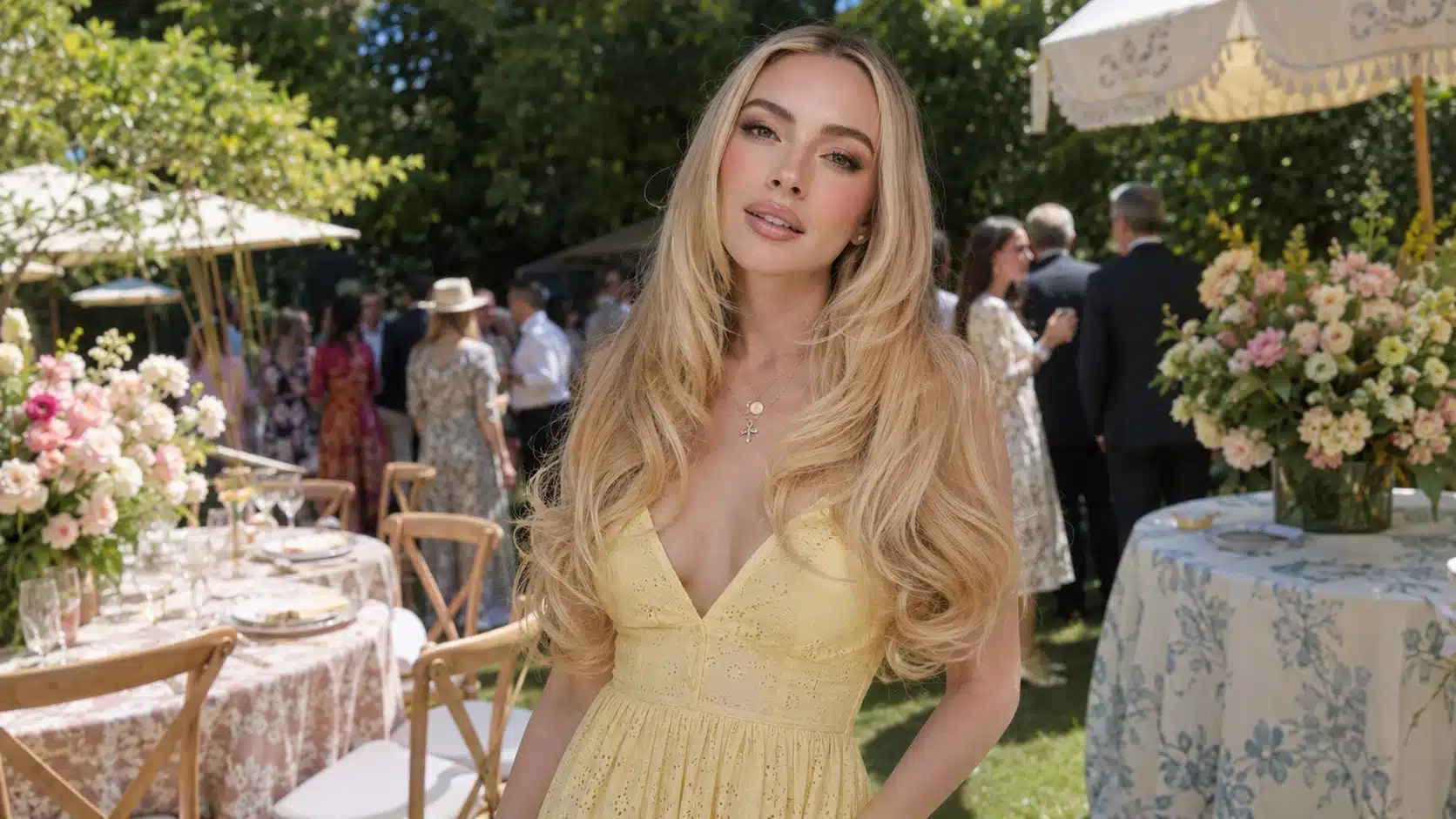 a blonde woman in a yellow sundress stands at an outdoor garden party with flowers, tables, guests, and soft sunlight