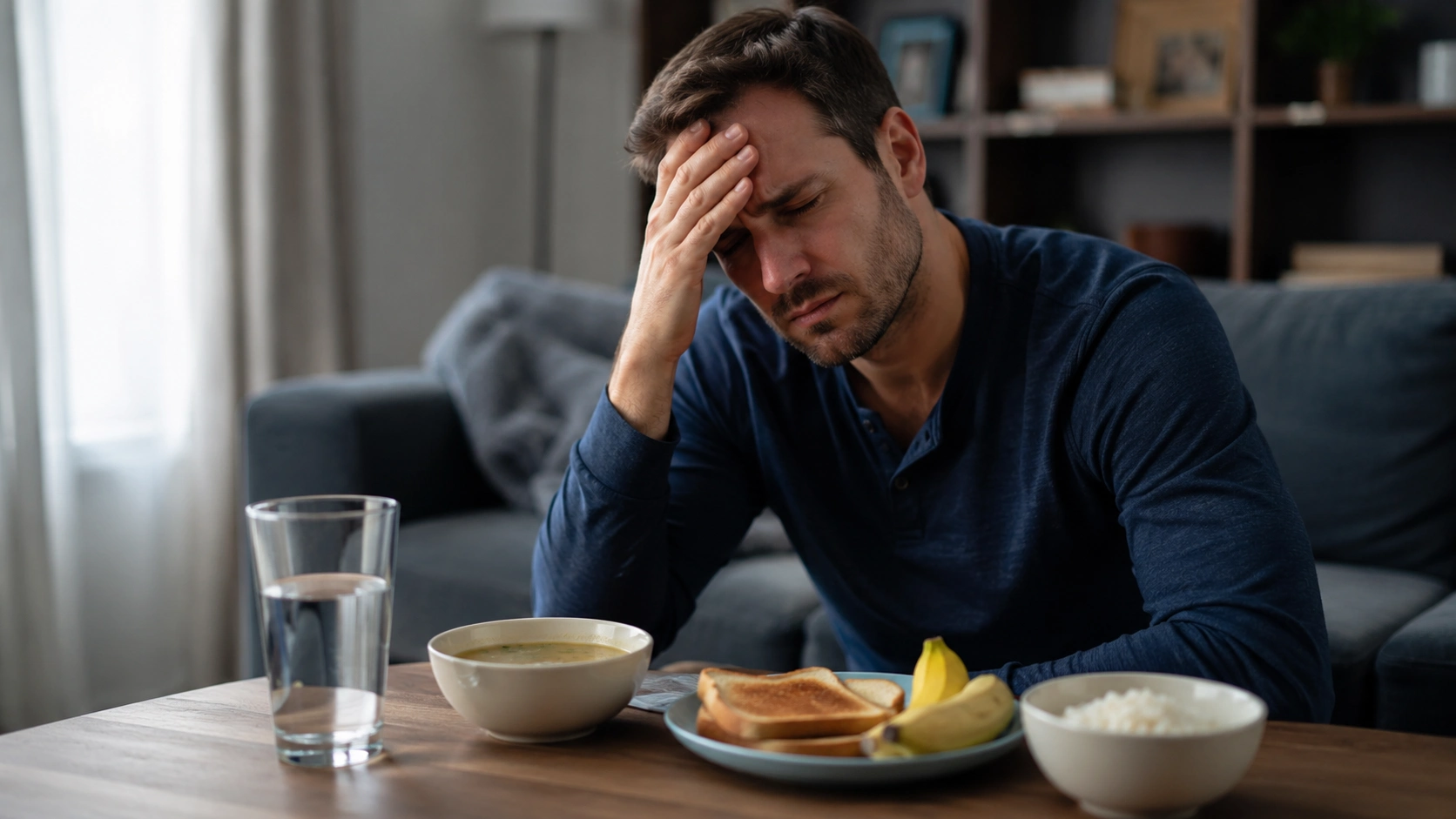 adult with an alcohol withdrawal headache resting at home with water, soup, toast, bananas, and rice for safe recovery