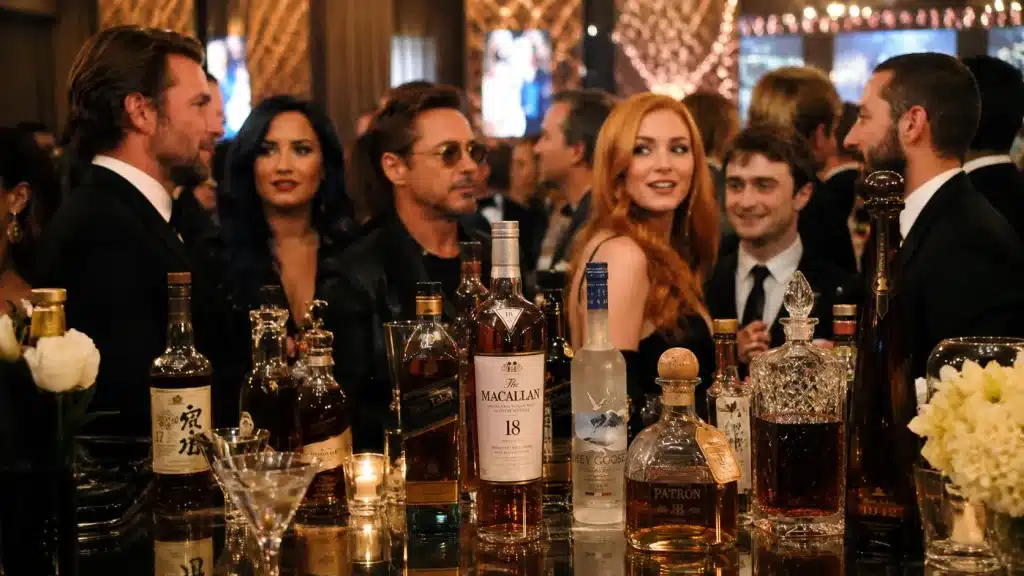 alcohol bottles on a glass table at a celebrity party, with well-dressed guests blurred in the background