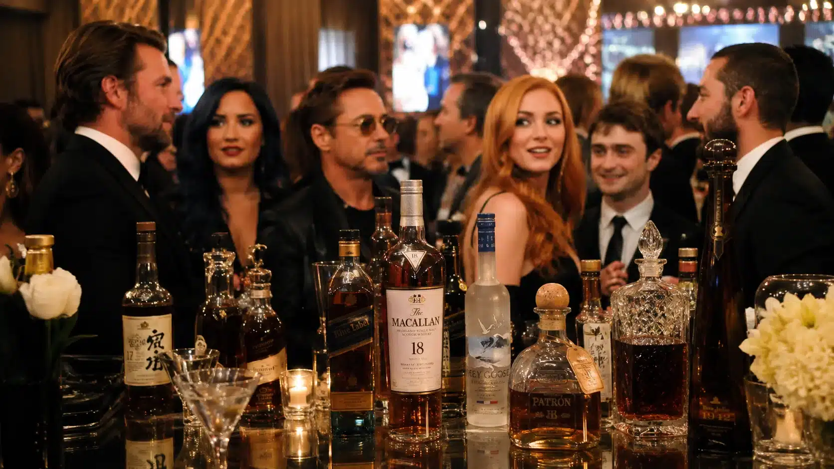 alcohol bottles on a glass table at a celebrity party, with well-dressed guests blurred in the background