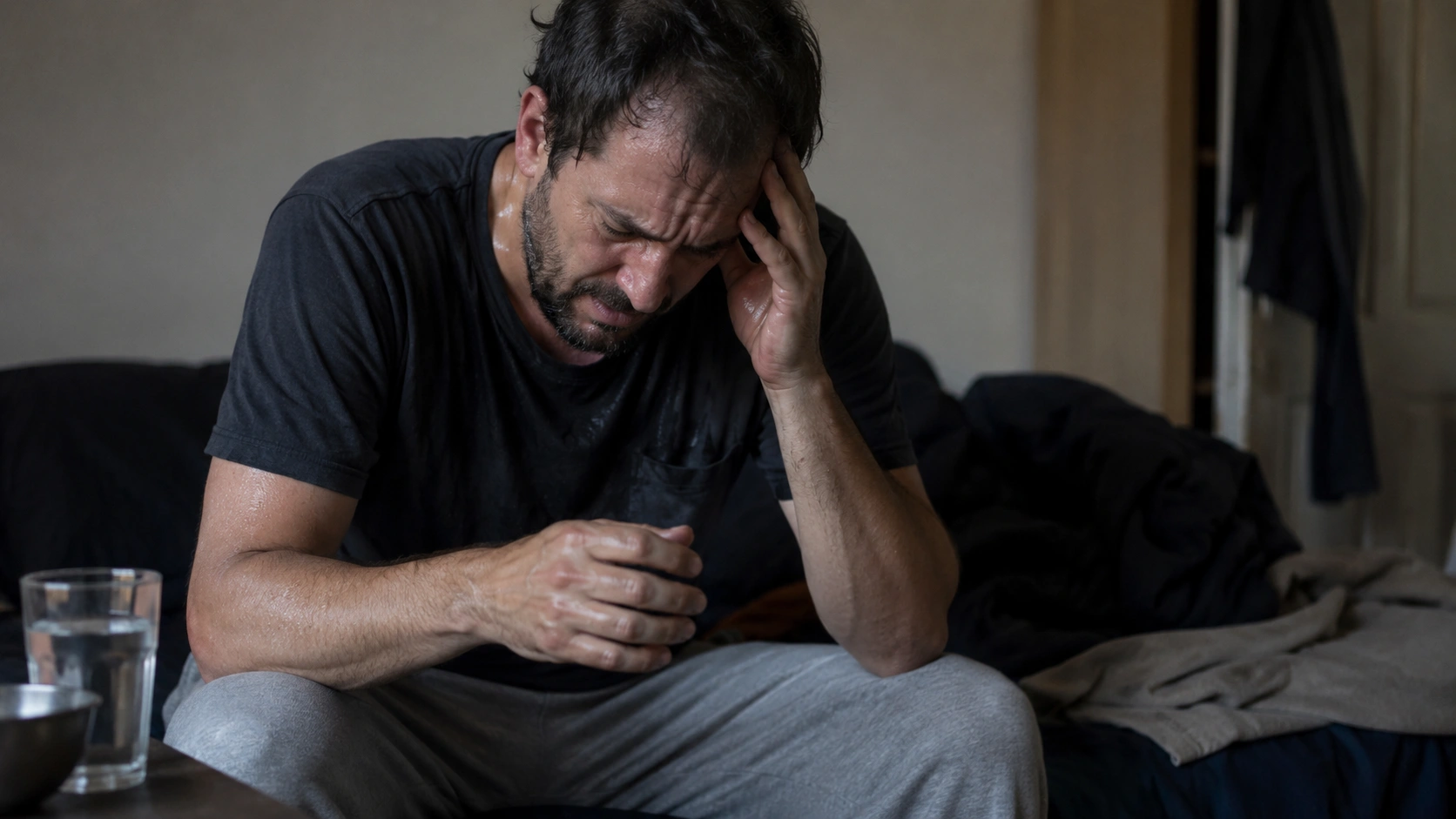 alcohol withdrawal headache, sitting with head pain, sweating, fatigue, anxiety symptoms, and a glass of water nearby