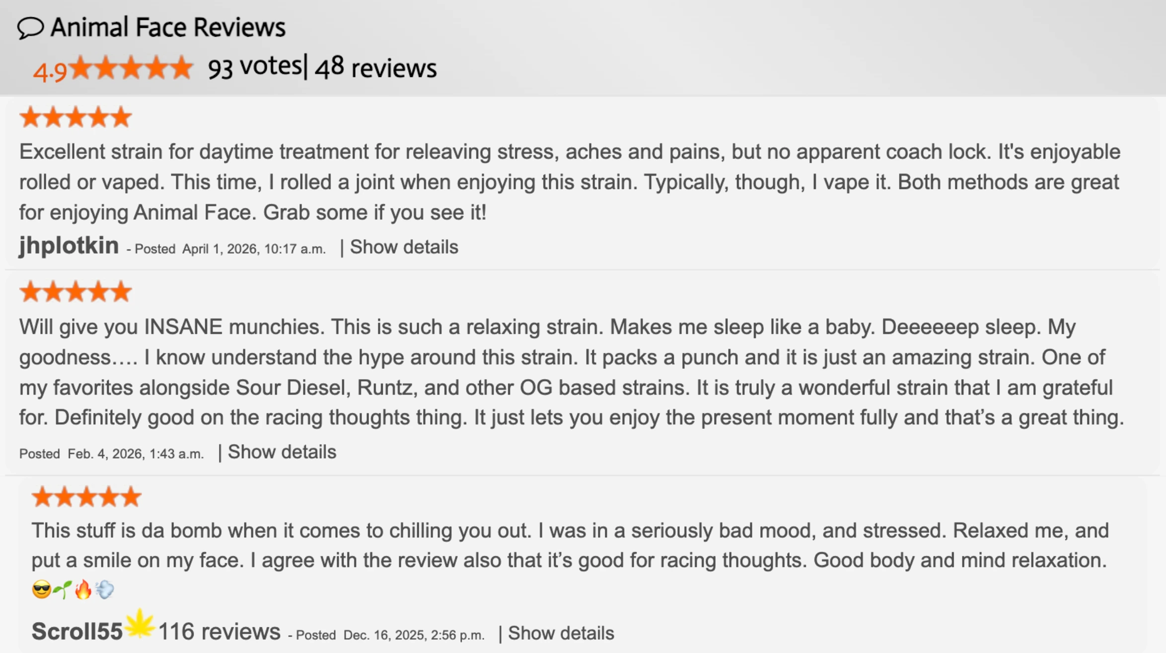 allbud animal face reviews show a 4.9 rating, user comments on relaxation, sleep, stress relief, and strong munchies