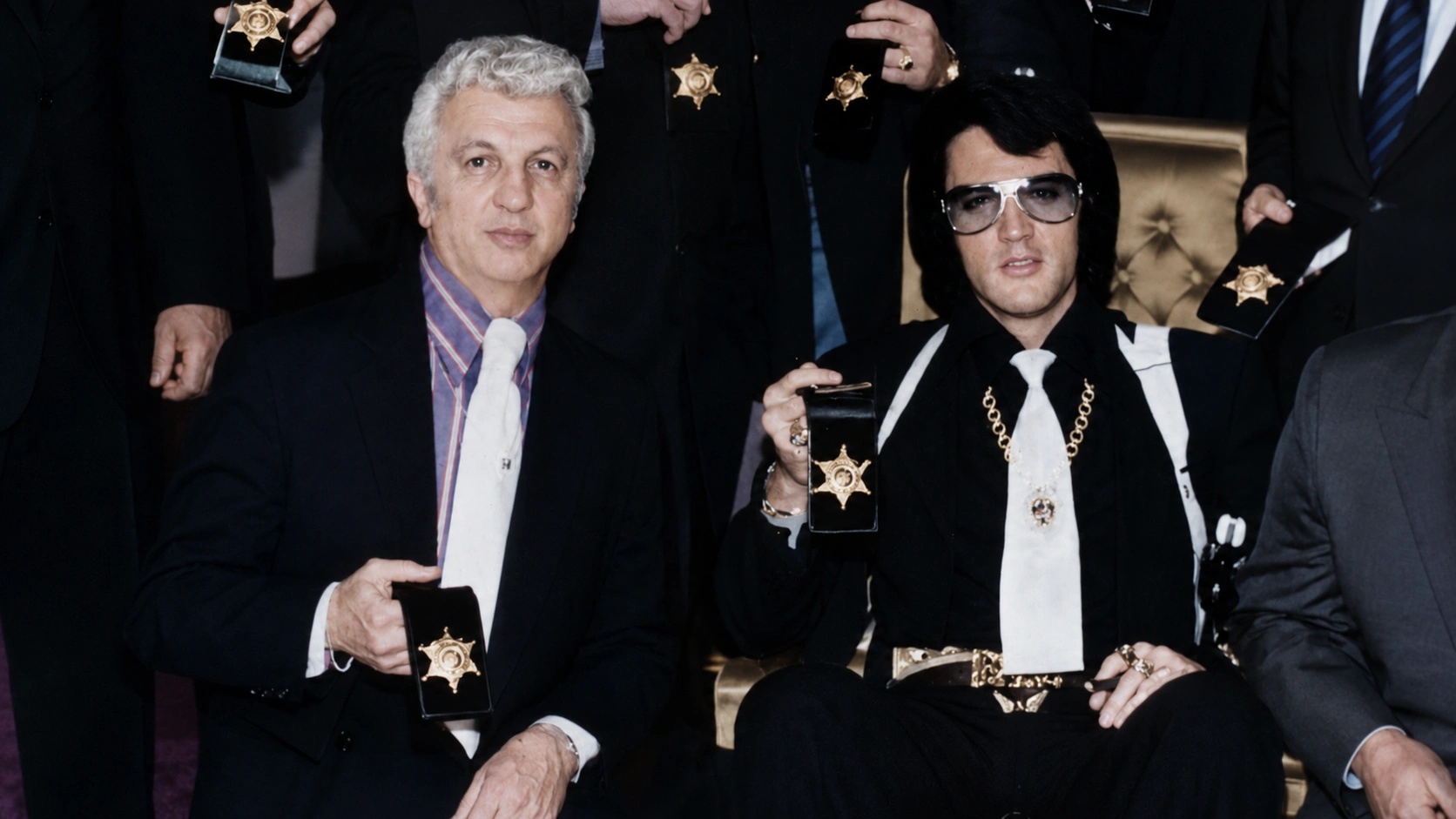 award ceremony portrait with men holding badges, used for article about what drugs did elvis do and misuse history