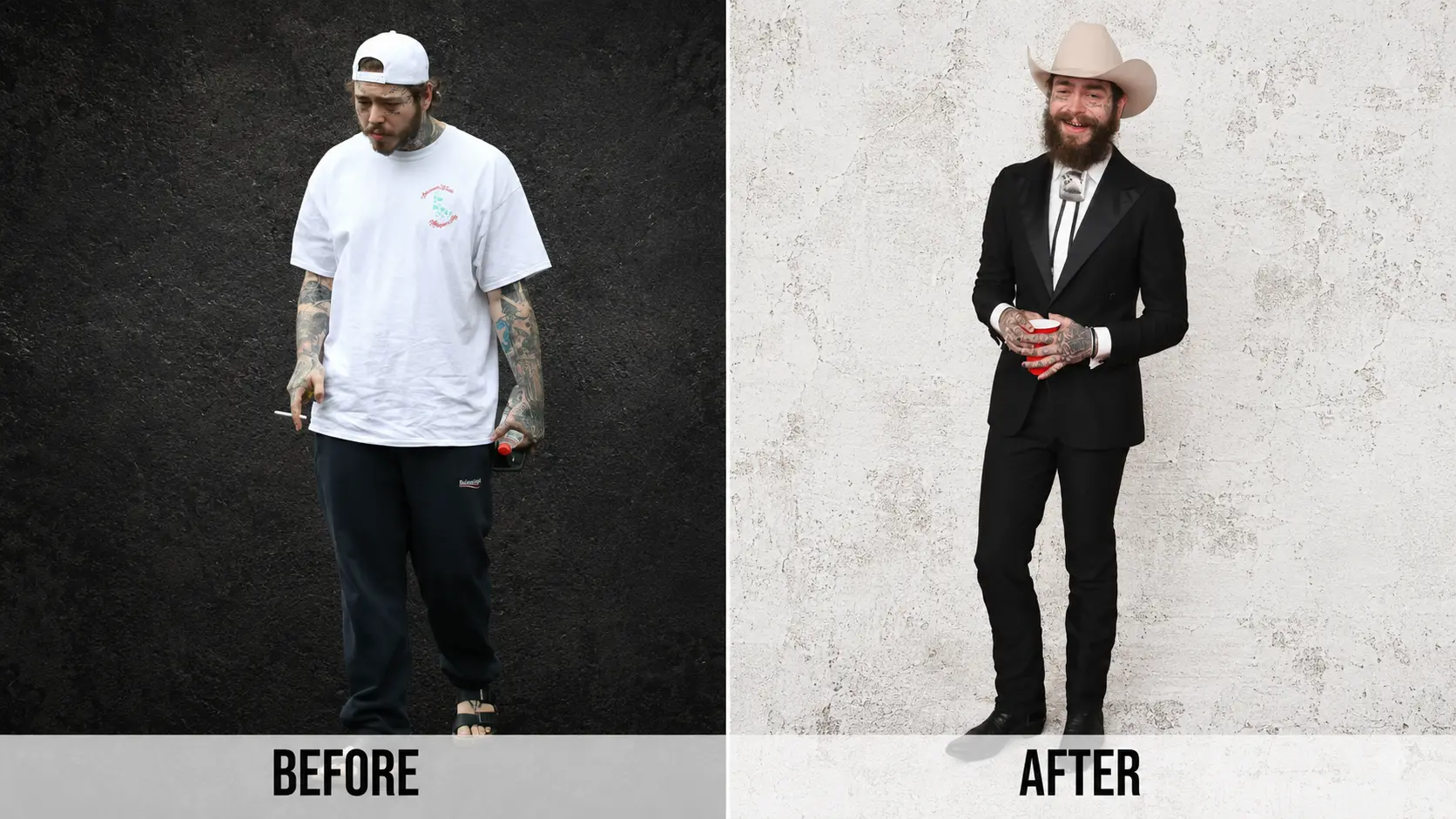 before and after comparison of a post malone with rustic black and white backgrounds behind him