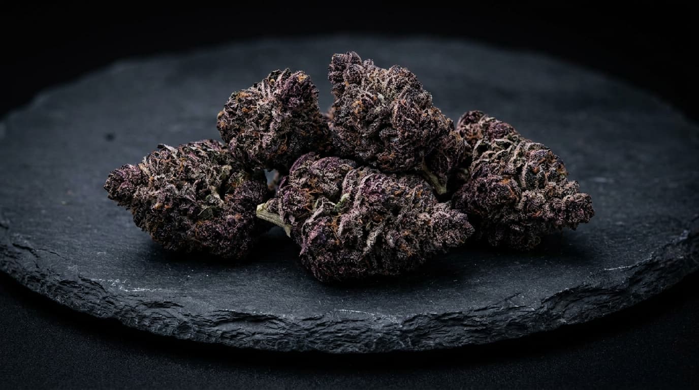 blackwater purple buds on black slate showing very dark purple tones and sparkling trichomes