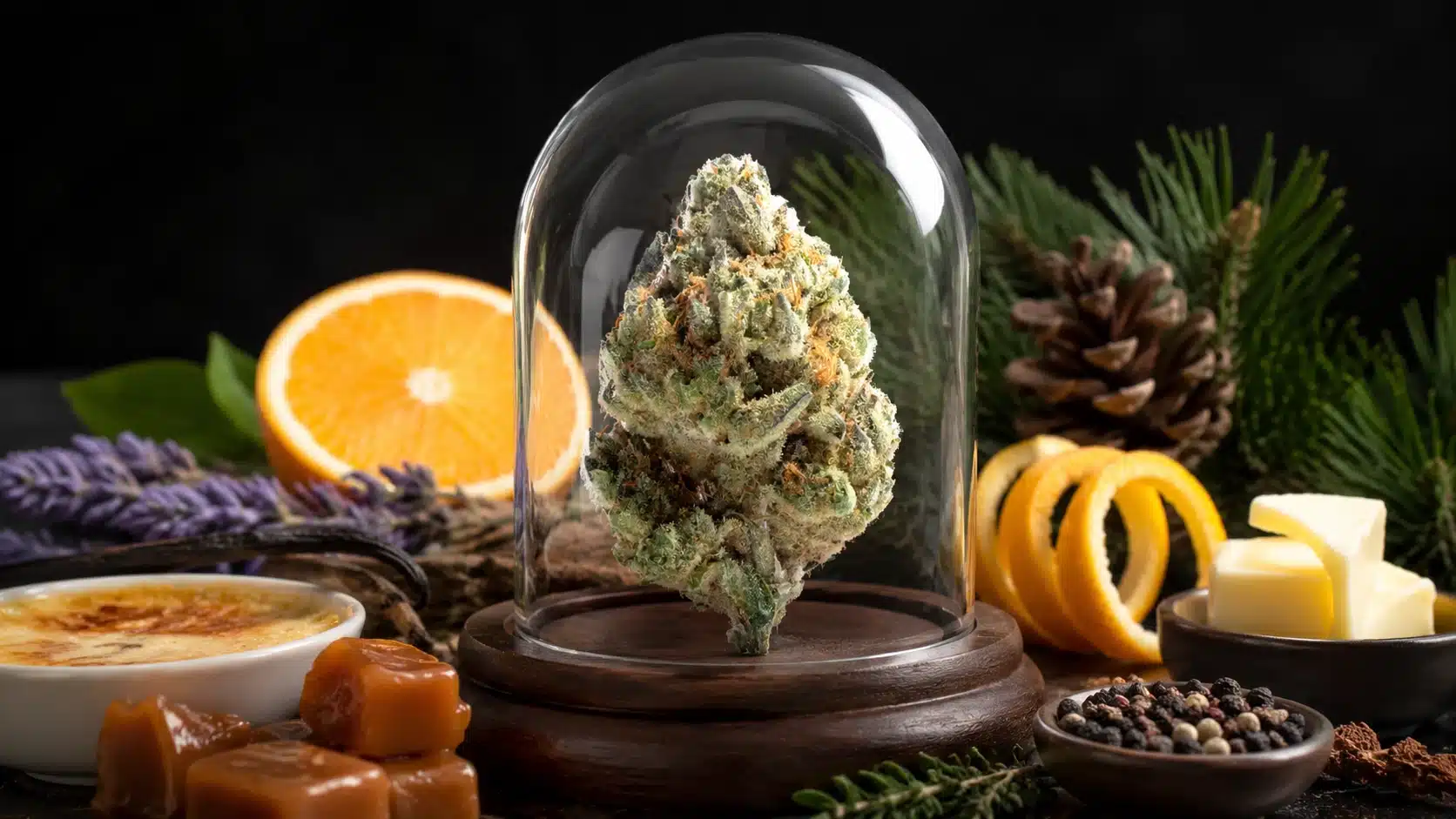 cannabis bud in glass display surrounded by citrus, lavender, caramel, vanilla, pine, and pepper aroma elements