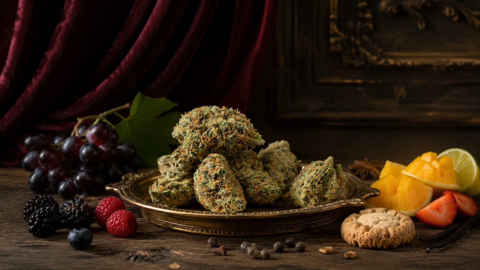 cannabis buds rest on an antique tray with grapes, berries, citrus, cookie, and spices on table before velvet curtains
