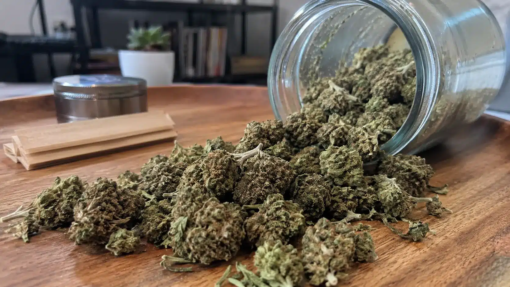 cannabis buds spilling from a glass jar onto a wooden tray with rolling papers and grinder nearby in the background