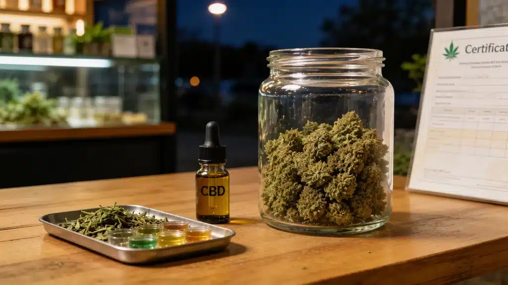 cannabis dispensary display showing cannabis buds in a glass jar, cbd oil bottle, samples, certification, and countertop
