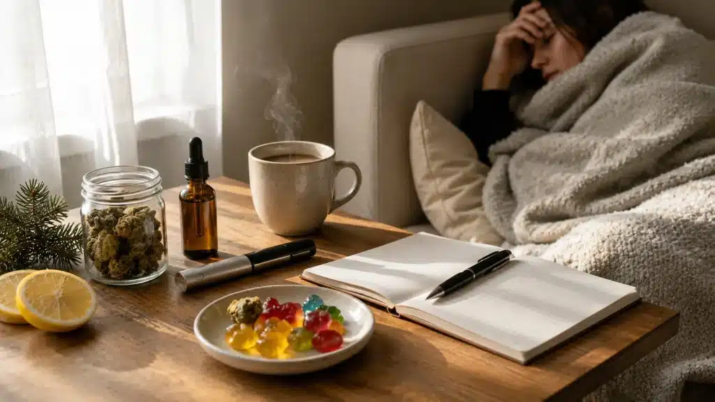 cannabis products, lemon, vape, gummies, and notebook on table with a tired person resting under blanket indoors
