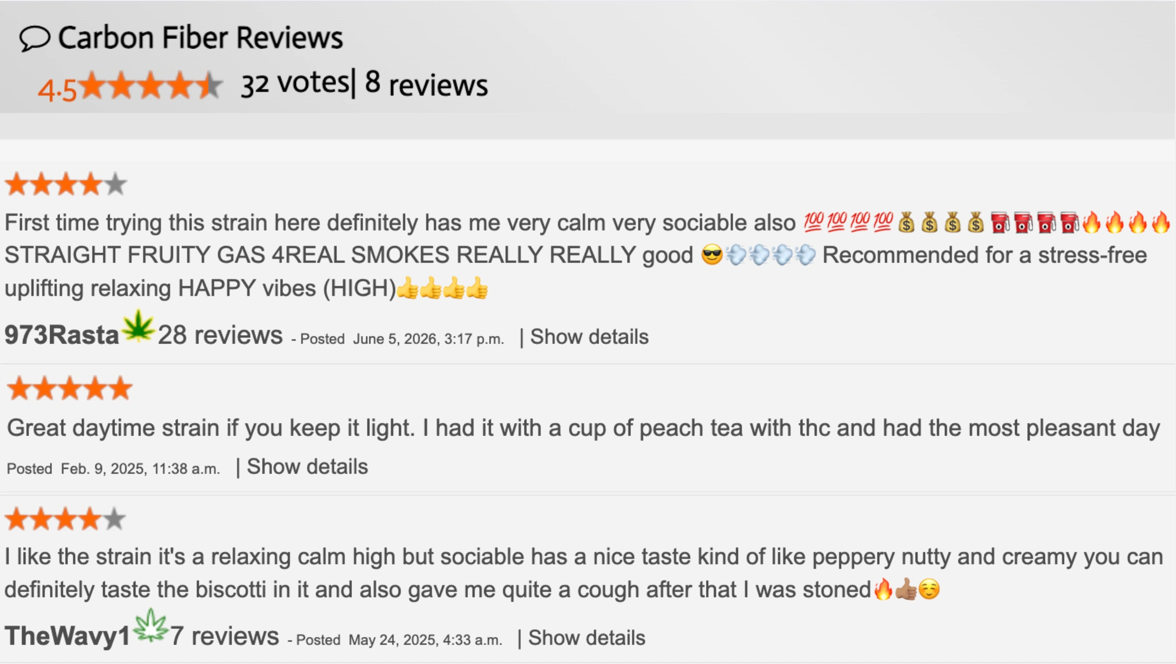 carbon fiber reviews showing 4.5-star rating, user comments on fruity gas flavor, calm effects, and relaxing high