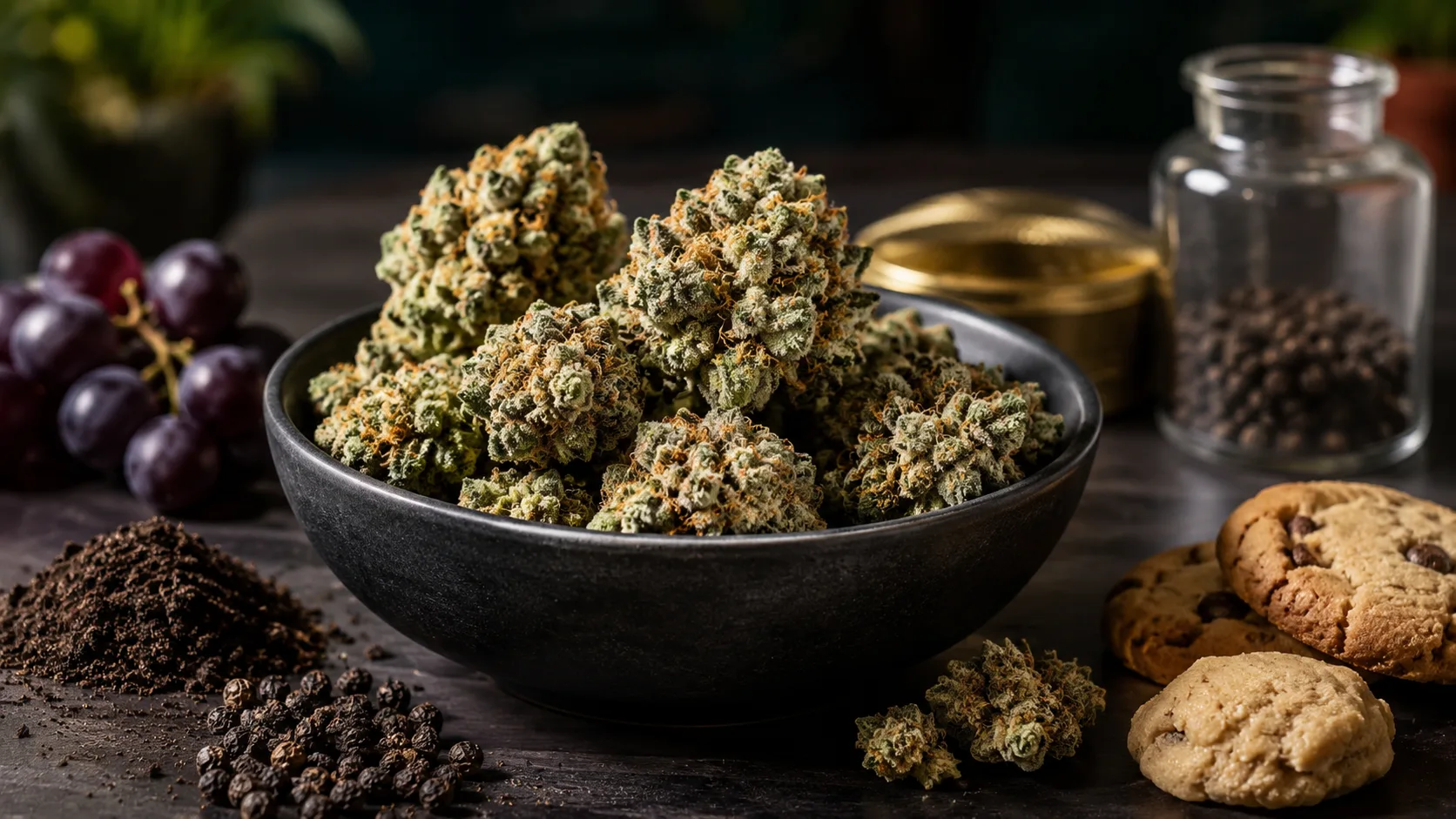 carbon fiber strain buds in a modern bowl with grapes, peppercorns, earth, and cookies showing flavor and aroma notes