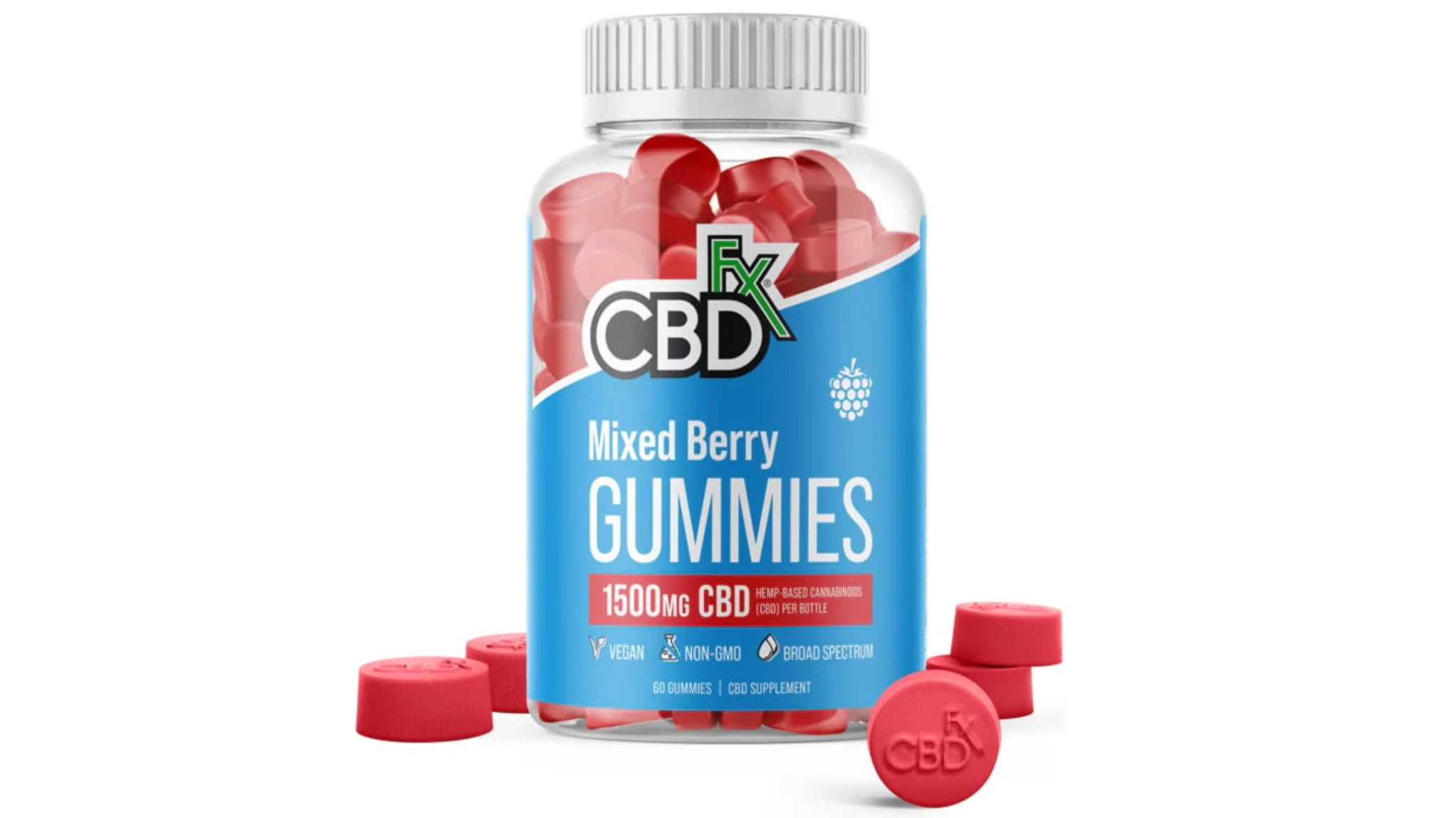cbdfx mixed berry broad-spectrum cbd gummies bottle with red vegan gummies for nerve pain and daily neuropathy support