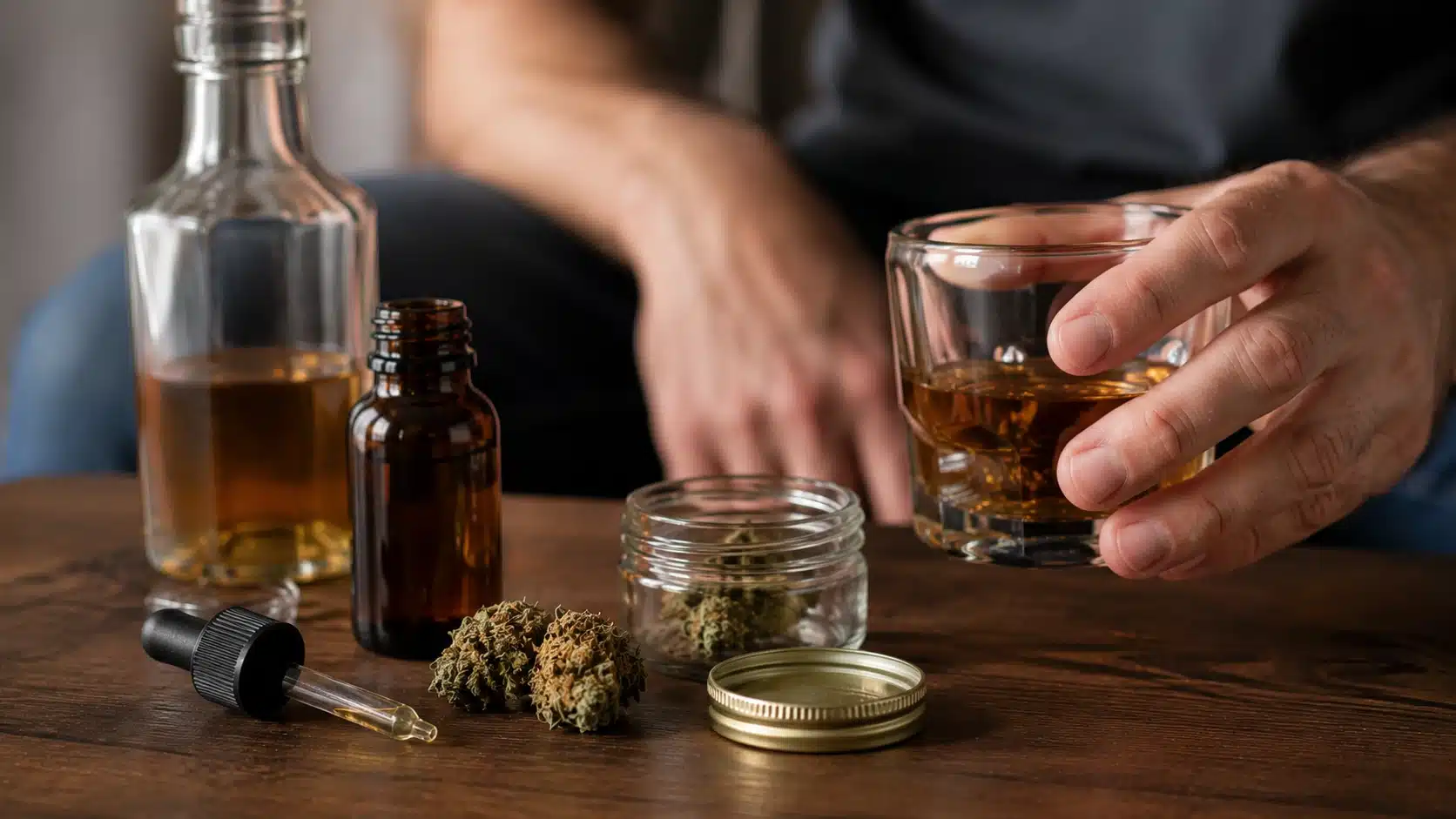 close-up of cannabis, tincture, and alcohol glass showing marijuana-infused alcohol for pain relief risks in a house